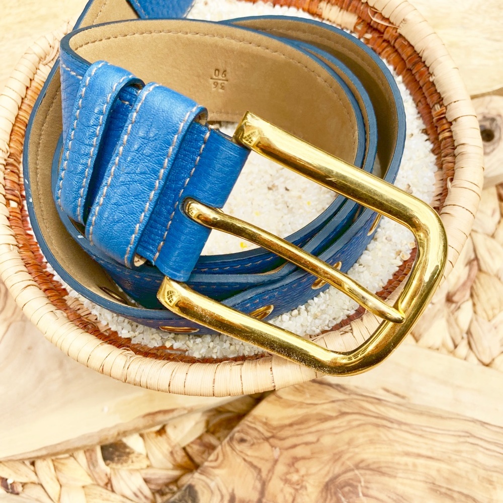 Prada Belt Daino Leather Blue Size 90 Gold